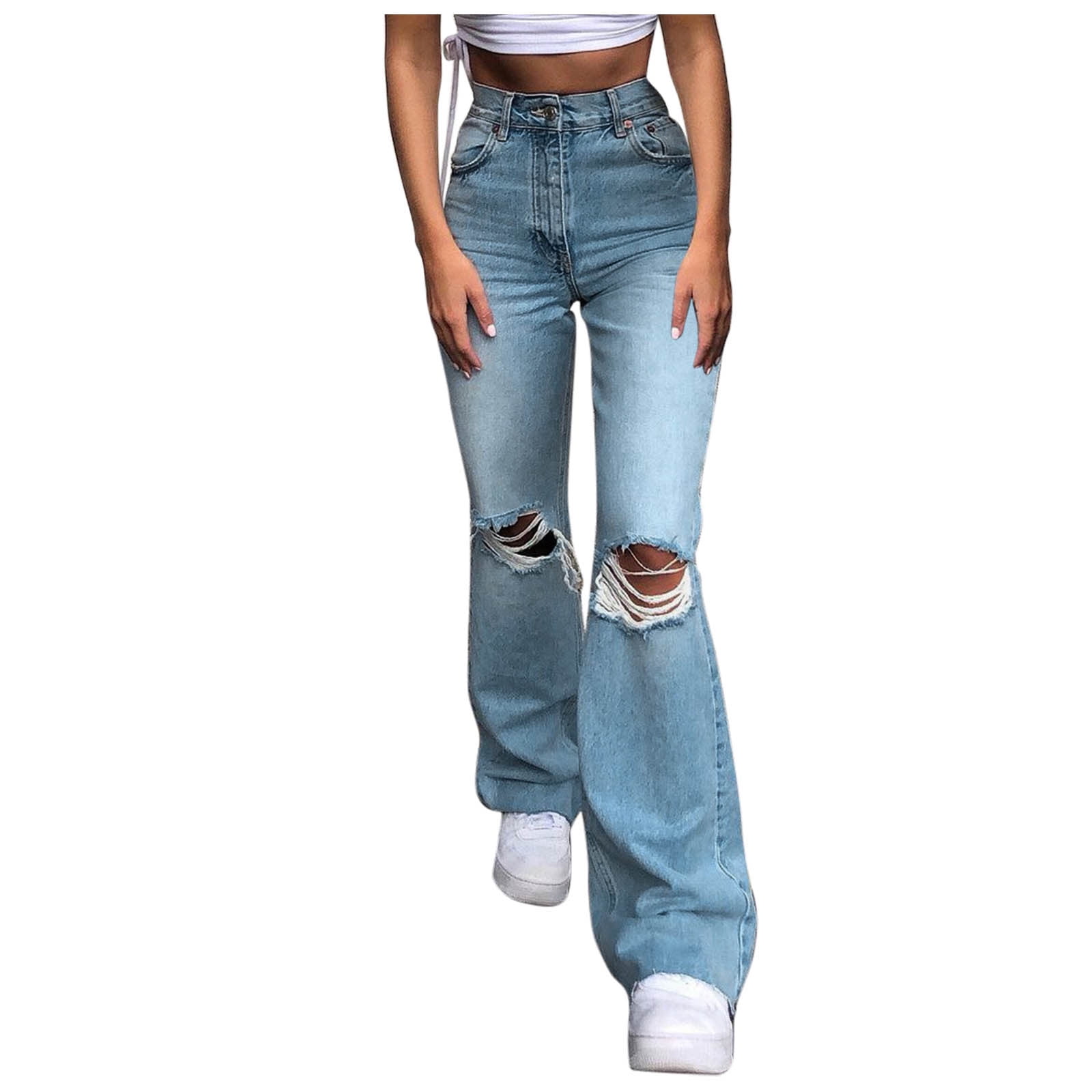KaLI_store Baggy Jeans Women Stretch Ripped High Waisted Jeans Frayed Raw  Hem Distressed Denim Pants with Hole Light Blue,S 