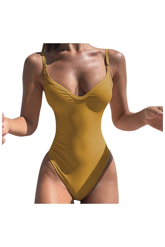 Womens One Piece Swimsuits Women's V Neck One Piece Tummy Control Swimsuit Cheeky Tie Side High Cut Bathing Suit Ribbed Swimwear Yellow,S