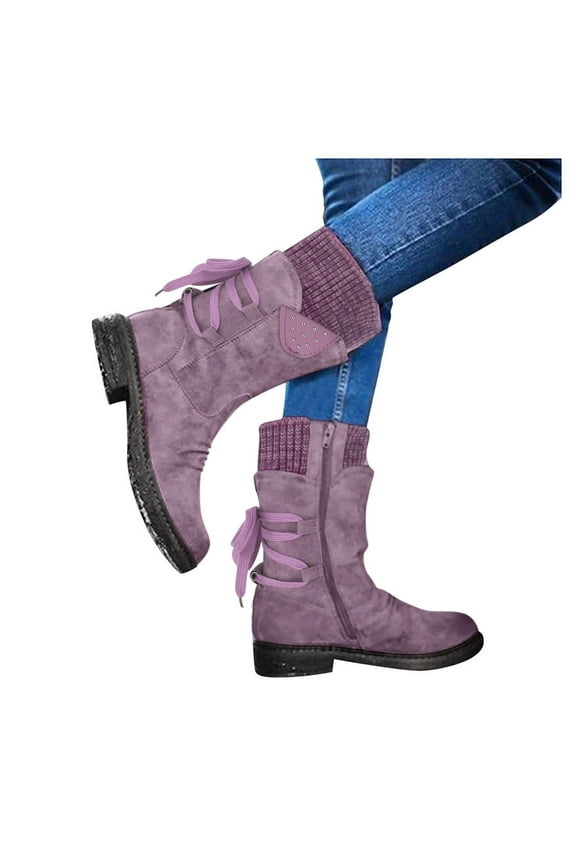 Womens Winter Boots Women Waterproof Snow Boots Mid Calf Lace Up Winter Warm Snow Boots Purple,7