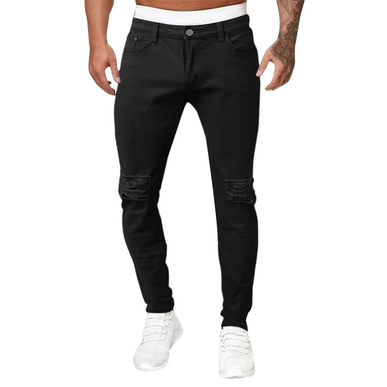 Fashion Ripped Slim Black Men's Jeans with Elastic Ankle Zipper