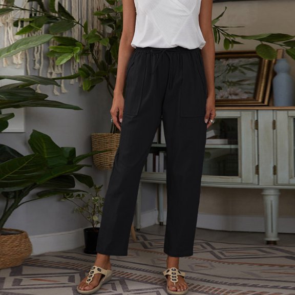 KaLI_store Work Pants for Women Solid Color Elastic Waist Pants Straight Leg Pant with Pockets