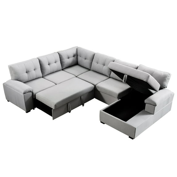KaMic 118" 5-Seat Fabric U-Shaped Left Facing Sectional Sleeper Sofa Upholstery with Storage Chaise and Pull Out Sleeper