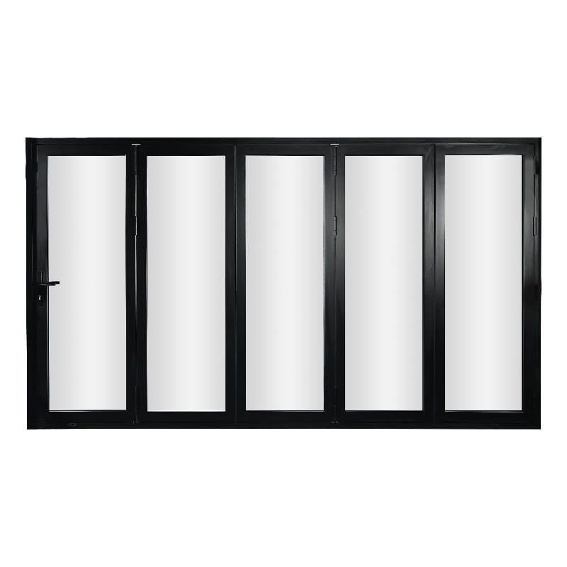KaMic 144" x 80" 5 Panels Aluminum Folding Door In Black, Folded Out From Left To Right