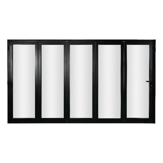 KaMic 144" x 80" 5 Panels Aluminum Folding Door In Black, Folded Out From Right To Left