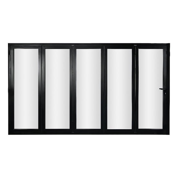 KaMic 144" x 96" 5 Panels Aluminum Folding Door In Black, Folded Out From Right To Left