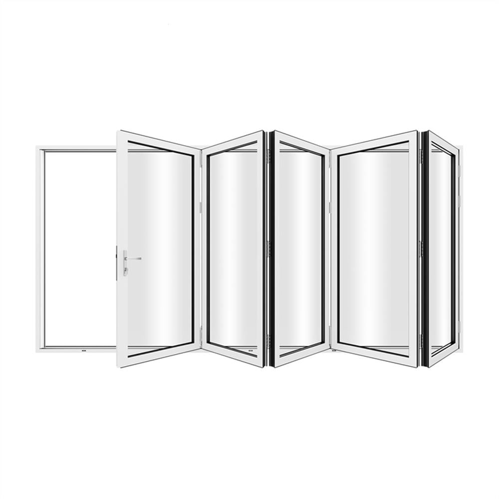 KaMic 144" x 96" 5 Panels Aluminum Folding Door In White, Folded Out From Left To Right