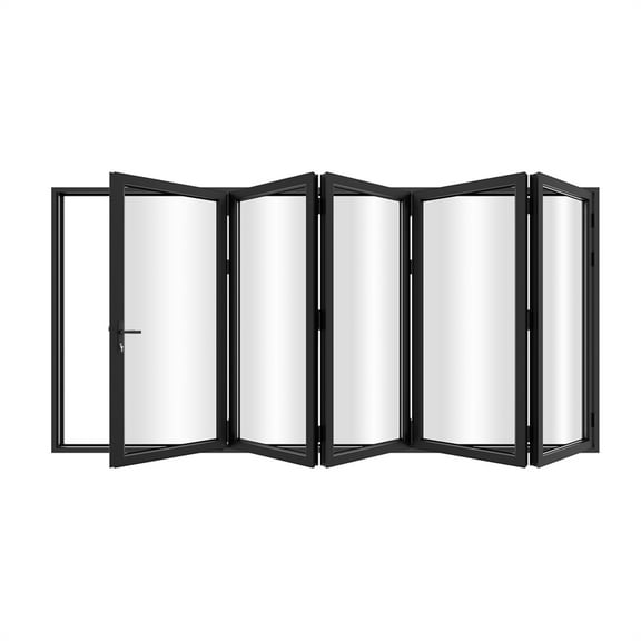 KaMic 168" x 96" 5 Panels Aluminum Folding Door In Black, Folded Out From Left To Right