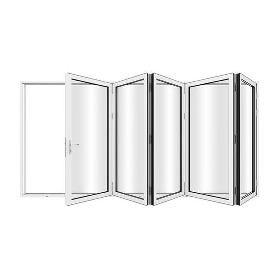 KaMic 168" x 96" 5 Panels Aluminum Folding Door In White, Folded Out From Left To Right