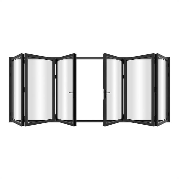 KaMic 192" x 80" 6 Panels Aluminum Folding Door In Black, Folded Out From Dual Open