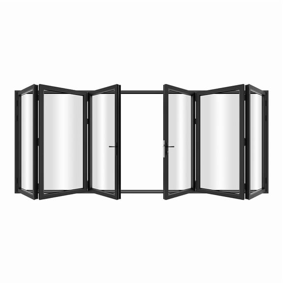 KaMic 192" x 96" 6 Panels Aluminum Folding Door In Black, Folded Out From Dual Open