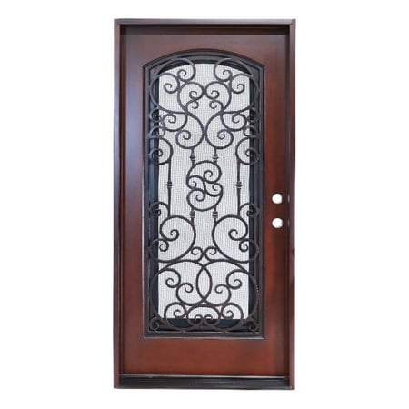 KaMic 36" x 80" Environment Damage Resistant Polyurethane Composite Exterior Entry House Front Door, Wrought Iron Door with Openable Rain Window, Left-Hand Single Door Inward Swing Dark Walnut