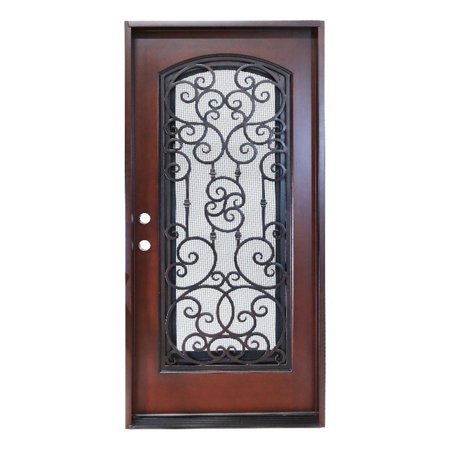 KaMic 36" x 80" Environment Damage Resistant Polyurethane Composite Exterior Entry House Front Door, Wrought Iron Door w/Openable Rain Window, Right-Hand Single Door Inward Swing, Dark Walnut