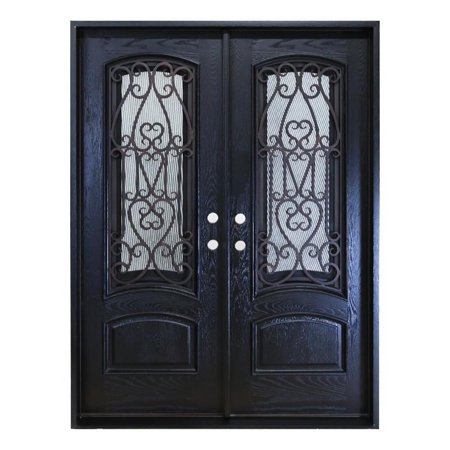 KaMic 60" x 80" Environment Damage Resistant Polyurethane Composite Exterior Entry House Front Door, Wrought Iron Door with Openable Rain Glass Window, Left-Hand Double Door Inward Swing in Espresso