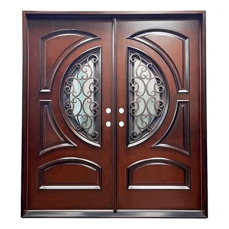 KaMic 72" x 80" Environment Damage Resistant Polyurethane Composite Exterior Entry House Front Door, Wrought Iron Door w/Openable Rain Window, Left-Hand Double Door Inward Swing Dark Walnut