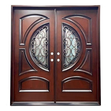 KaMic 72" x 80" Environment Damage Resistant Polyurethane CompositeExterior Entry House Front Door, Wrought IronDoor w/Openable Rain Glass Window, Right-Hand Double Door Inward Swing Dark Walnut