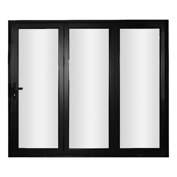 KaMic 96" x 80" 3 Panels Aluminum Folding Doors In Bluck, Folded Out From Left To Right