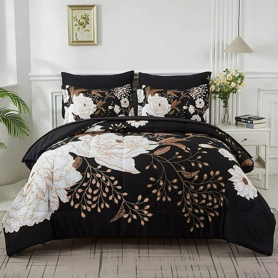 KaMinLy Farmhouse 3-Piece Butterfly Comforter Set,Black Floral Bedroom Decor Full Comforter Set All Season