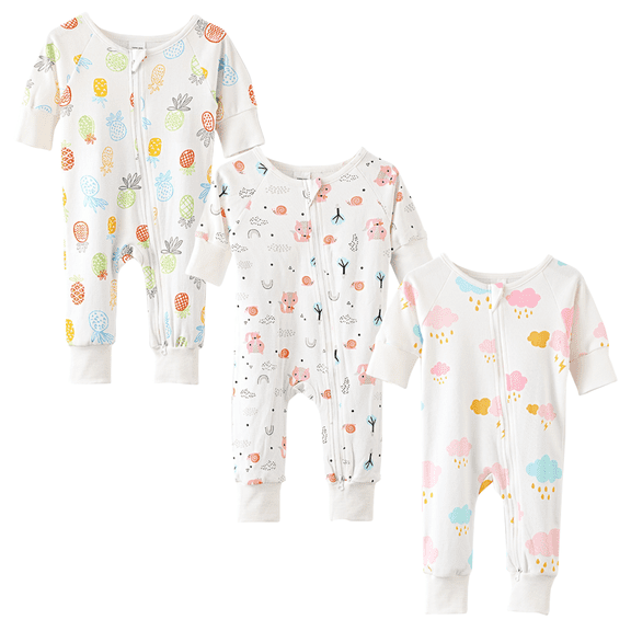 KaWaii Baby Cotton Bodysuit 2-Way Zipper, Fold-over Hand and Footies (3-Pack Girl 3-6 Months)