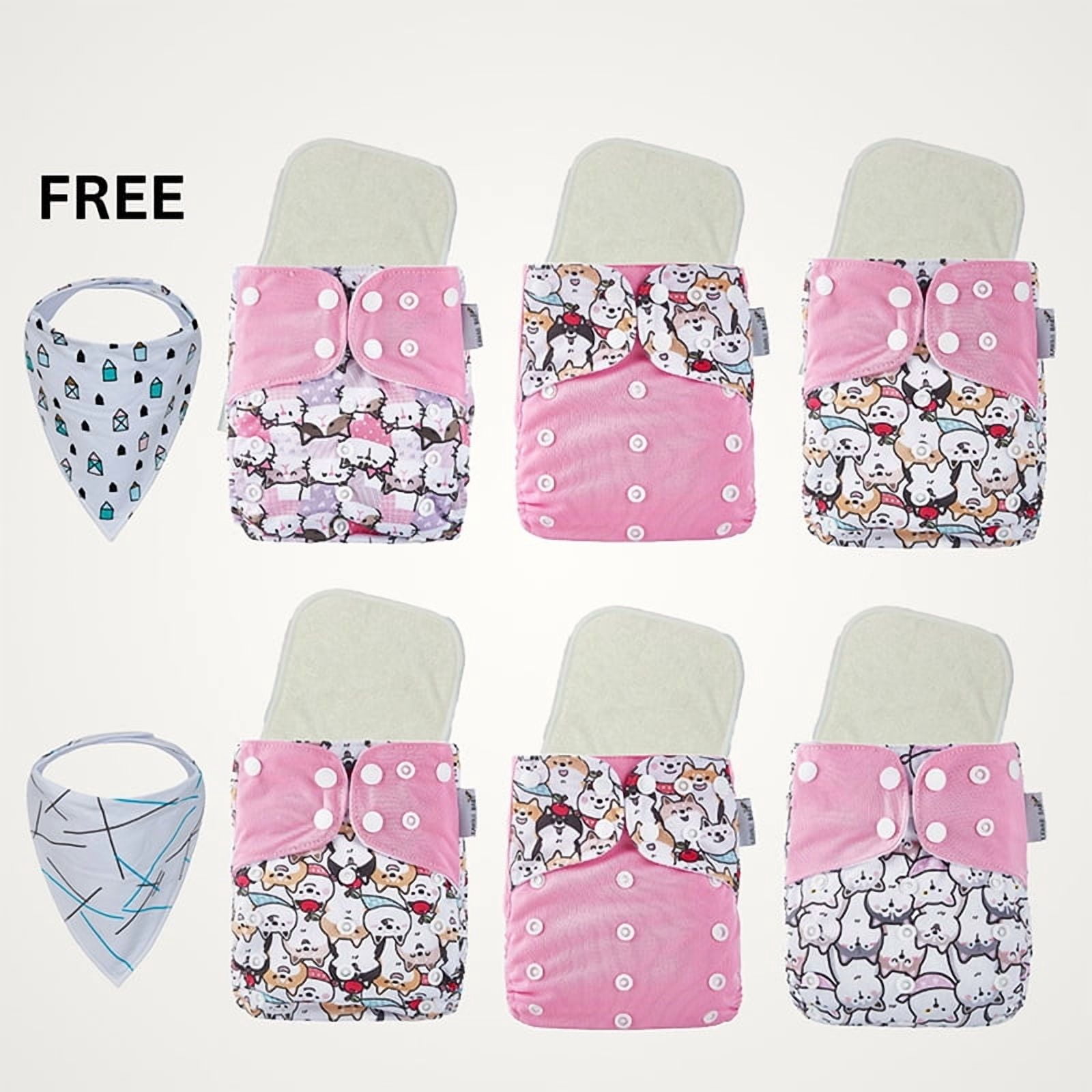 6 Girl Cloth Baby Diapers + 6 Premium Bamboo Inserts + 2 Bandana Bibs, Reusable Waterproof One Size Adjustable Cloth Nappies 8-36 lbs