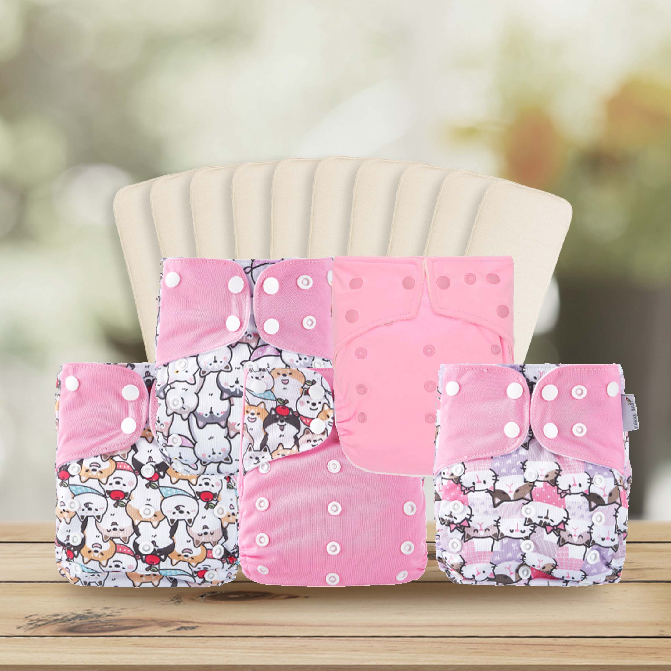 KaWaii Baby Matching Theme Pack, 5 One Size Pocket Cloth Diapers and 10