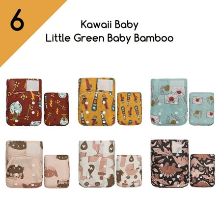 Kawaii Baby Bamboo Cloth Nappies & Diapers 6 Pack with 12 Inserts Newborn, 6-22 lbs | Daily & Overnight Use