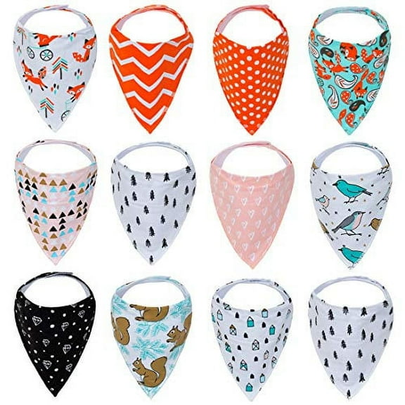 KaWaii Baby Stylish Bandana Bib Scarf Burp Cloth for Teething Drooling and Feeding Set of 12 - Nature Animals
