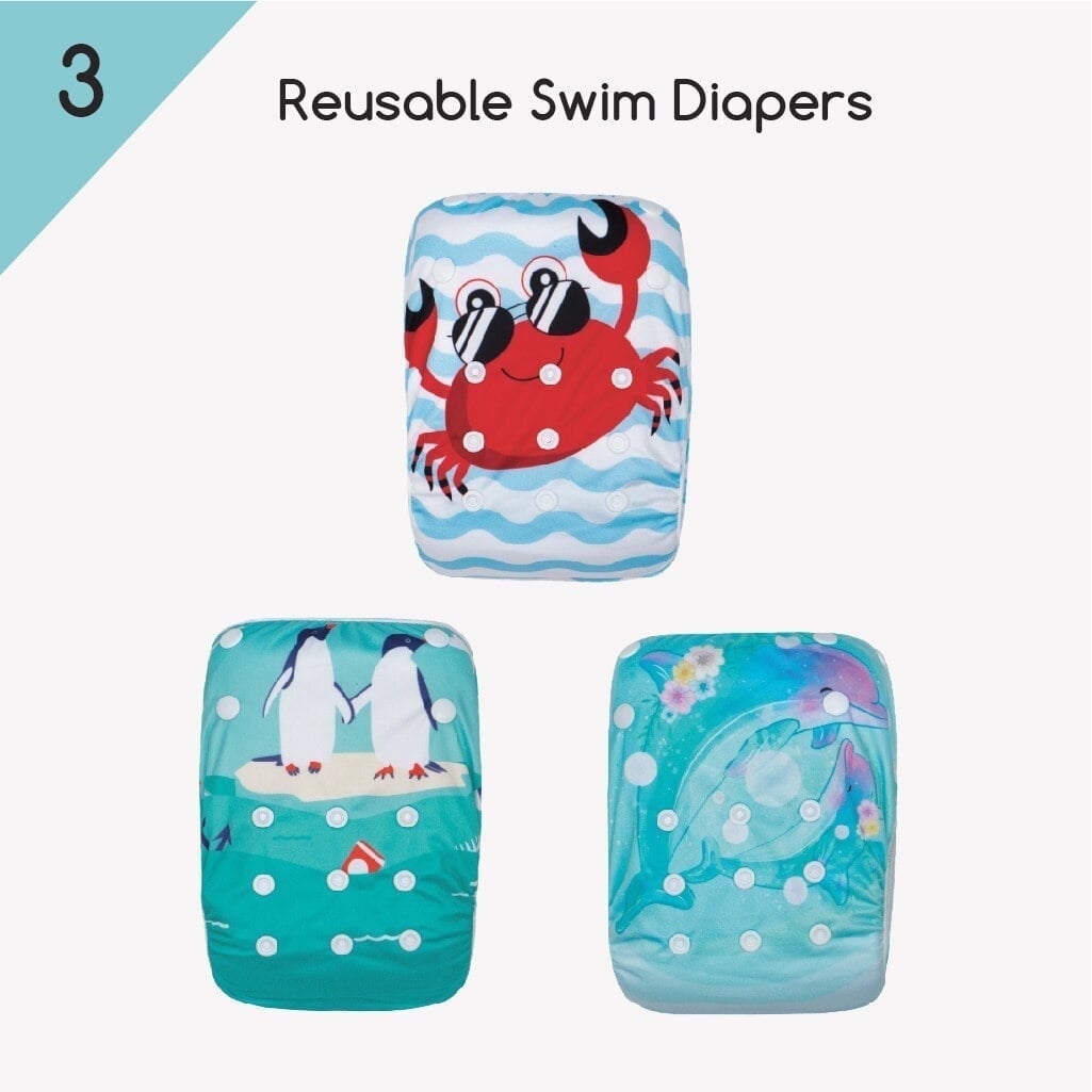 KaWaii Baby Swim Cloth Diaper - Washable Reusable, One Size  10-40 lbs, Unisex, 3-Pack