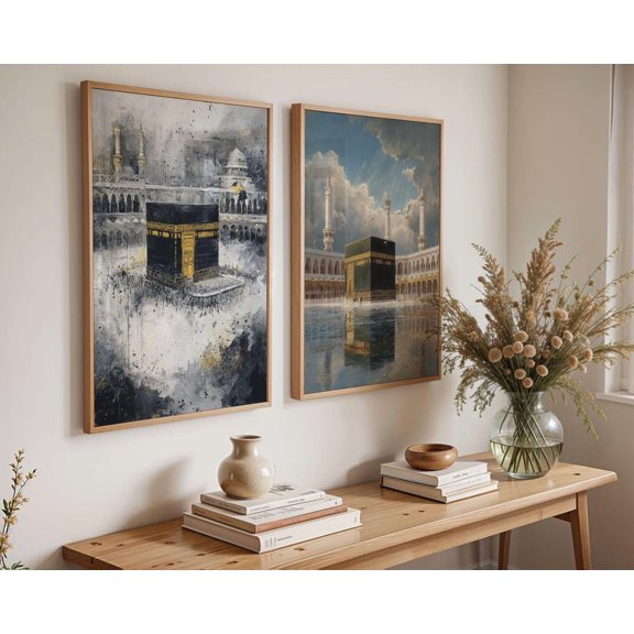 Kaaba Wall Art Print Set Of 2 With Black Gold Islamic Decor