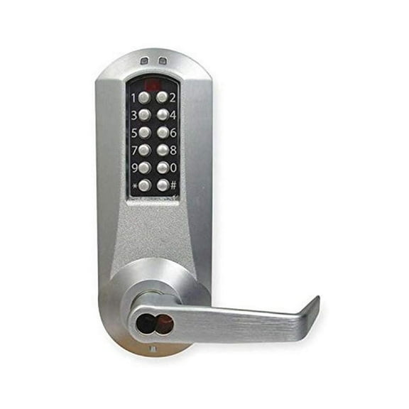 Kaba E-Plex 5000 Series Cylindrical Electronic Pushbutton Lock, Interior Combination Change, 13mm Throw Latch, Floating Face Plate, 70mm Backset, Winston Lever, Satin Chrome Finish