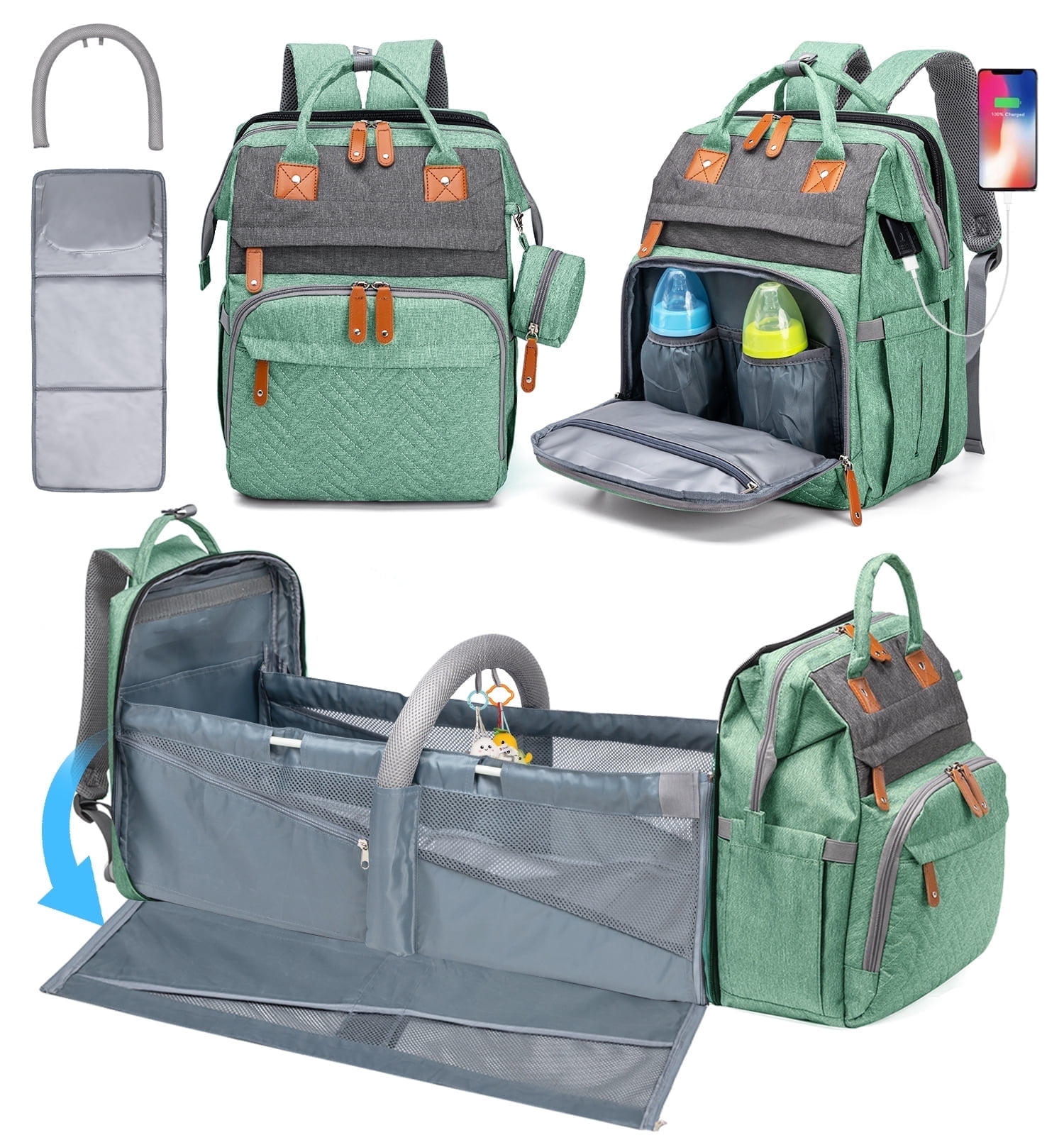 Kabaqoo Baby Diaper Bag Backpack, Newborn Baby Backpack with Changing Station & USB Charging Port Green