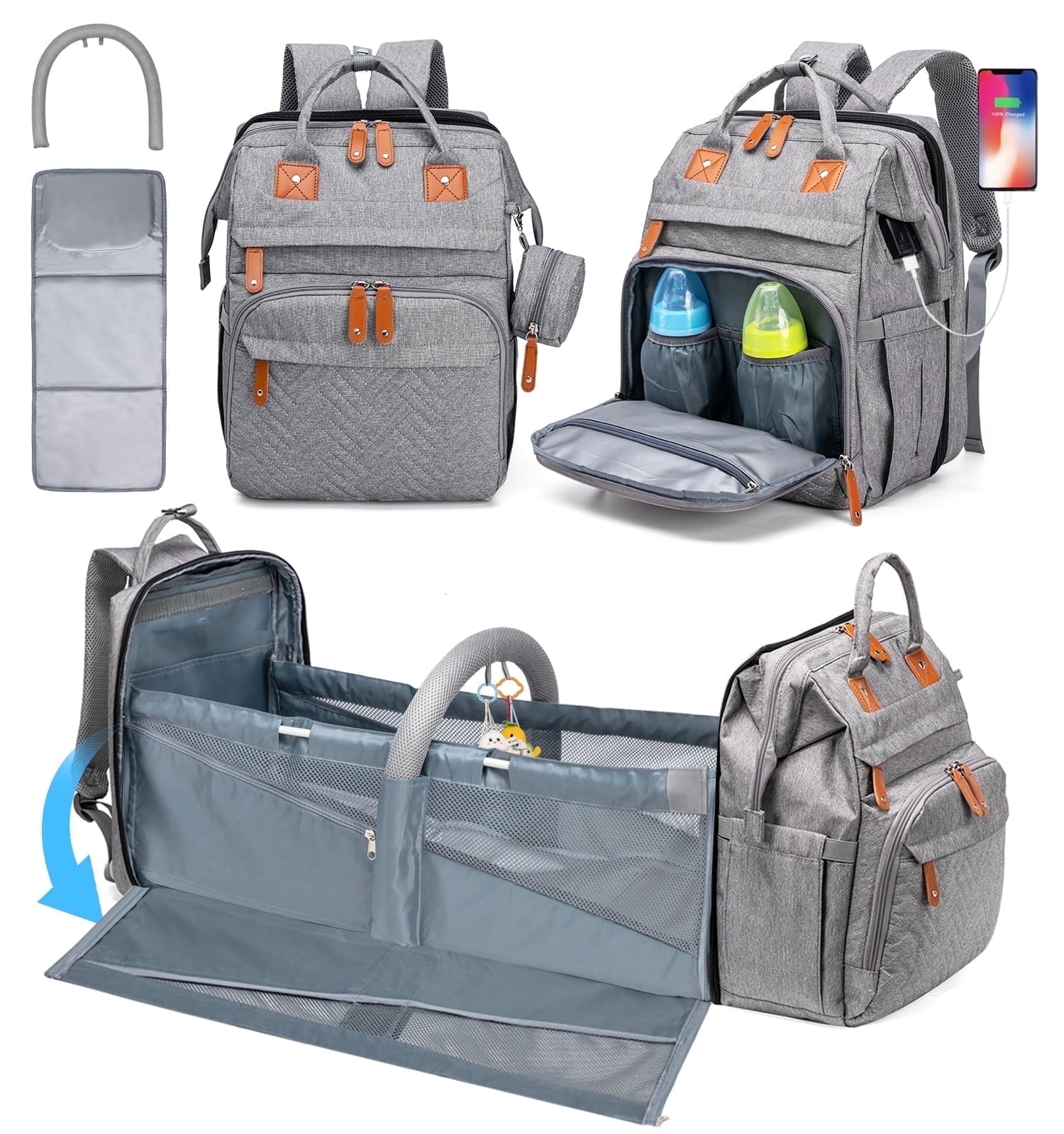 Diaper Bag Backpack, Multifunction Diaper Backpack with Changing Station, USB Charging Port, Large Capacity Travel Backpack with Sunshade & Pacifier Case, Gray