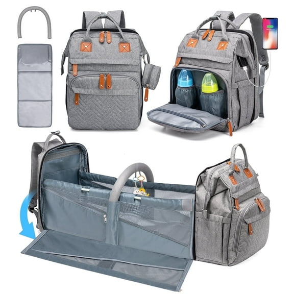 Diaper Bag Backpack, Multifunction Diaper Backpack with Changing Station, USB Charging Port, Large Capacity Travel Backpack with Sunshade & Pacifier Case, Gray