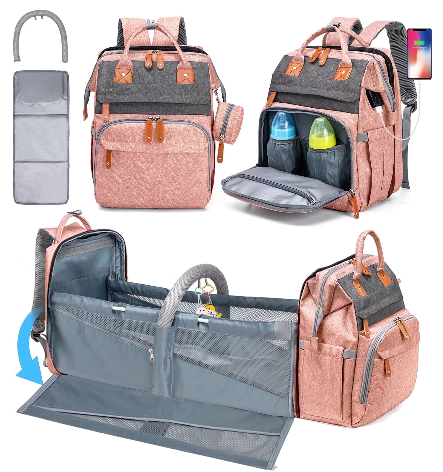 Diaper Bag Backpack with Changing Station, Large Diaper Bag, Baby Bag, Multifunctional Diaper Bag, Pink