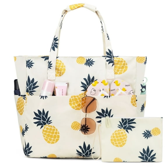 Beach Bag for Women, Waterproof Beach Bag with Zipper, Large Capacity Foldable Shopping Beach Bag for Travel