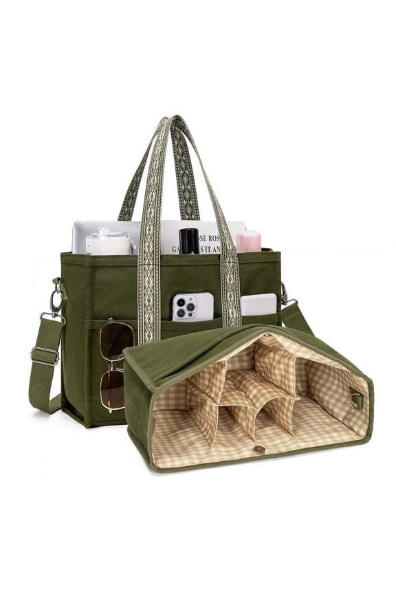 Canvas Tote Bag with Multi Pockets, Crossbody Tote Handbag with Compartments