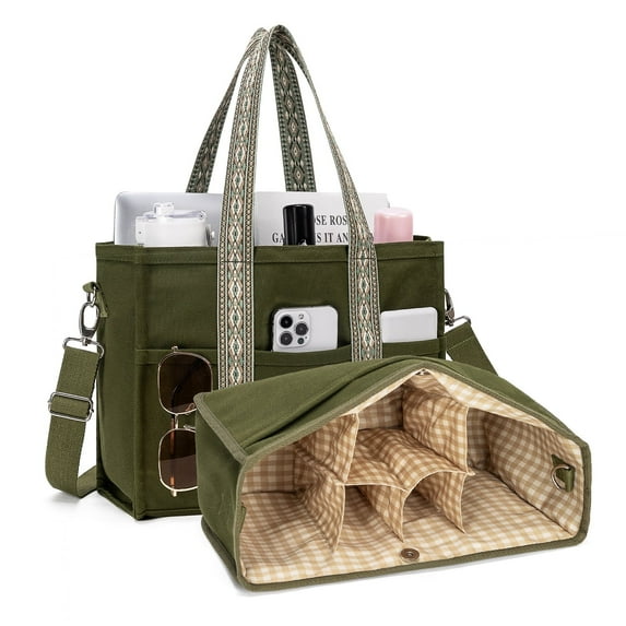 Kabaqoo Canvas Tote Bag with Multi Pockets, Crossbody Tote Handbag with Compartments