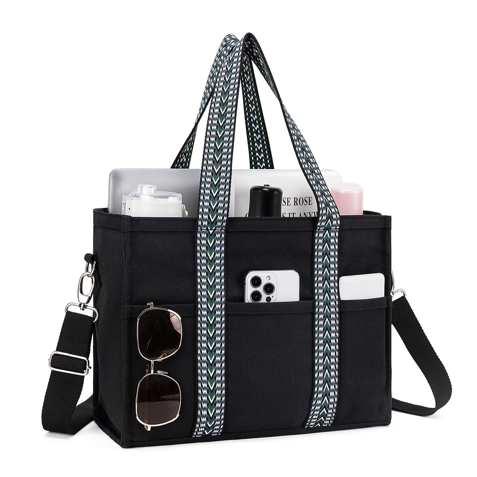 Canvas Tote bag with Multi-Pocket, Kabaqoo Tote Handbag Shoulder Bag with Zipper, Black
