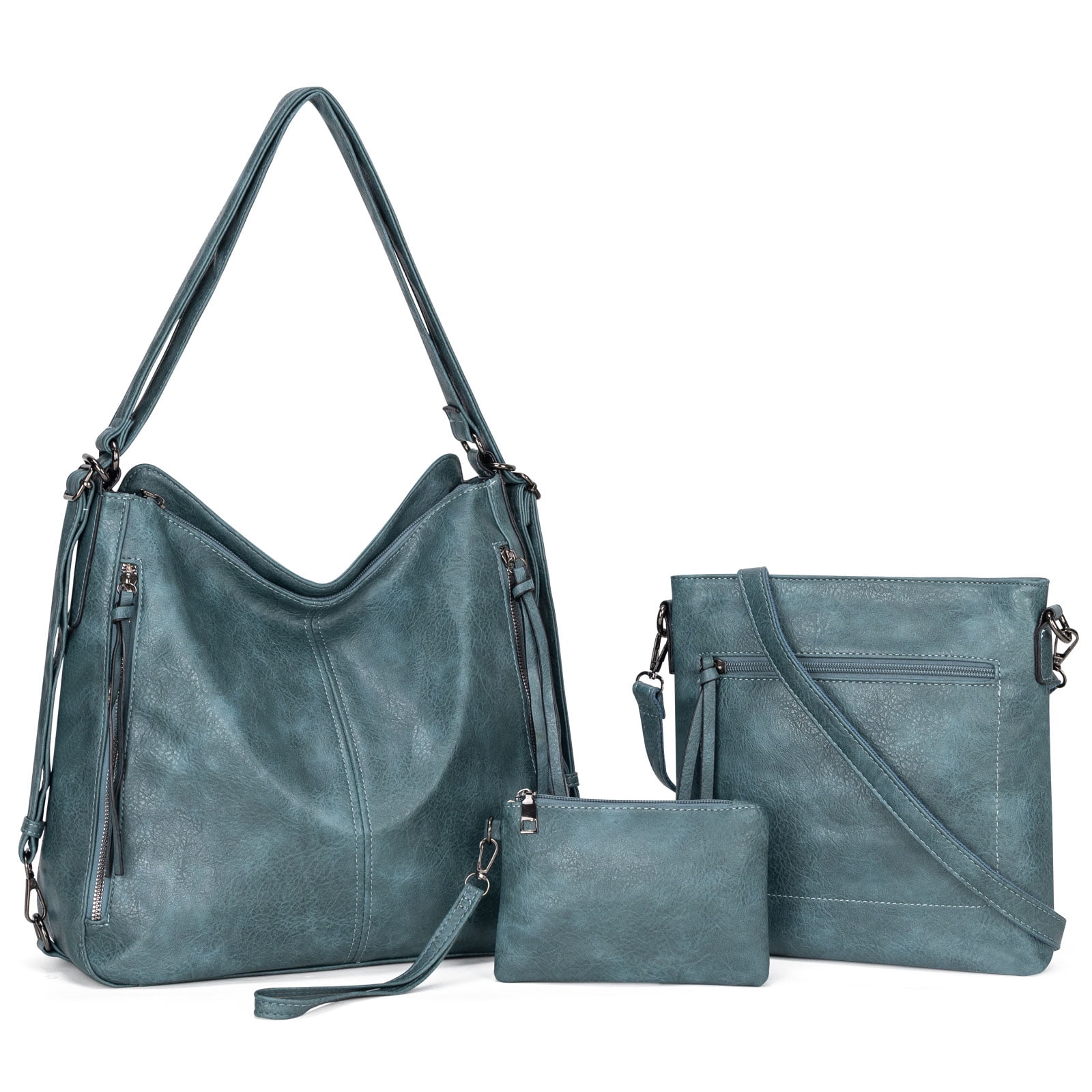 Kabaqoo Leather Shoulder Bag for Women, 3pcs Crossbody Purses Tote Satchel, Blue