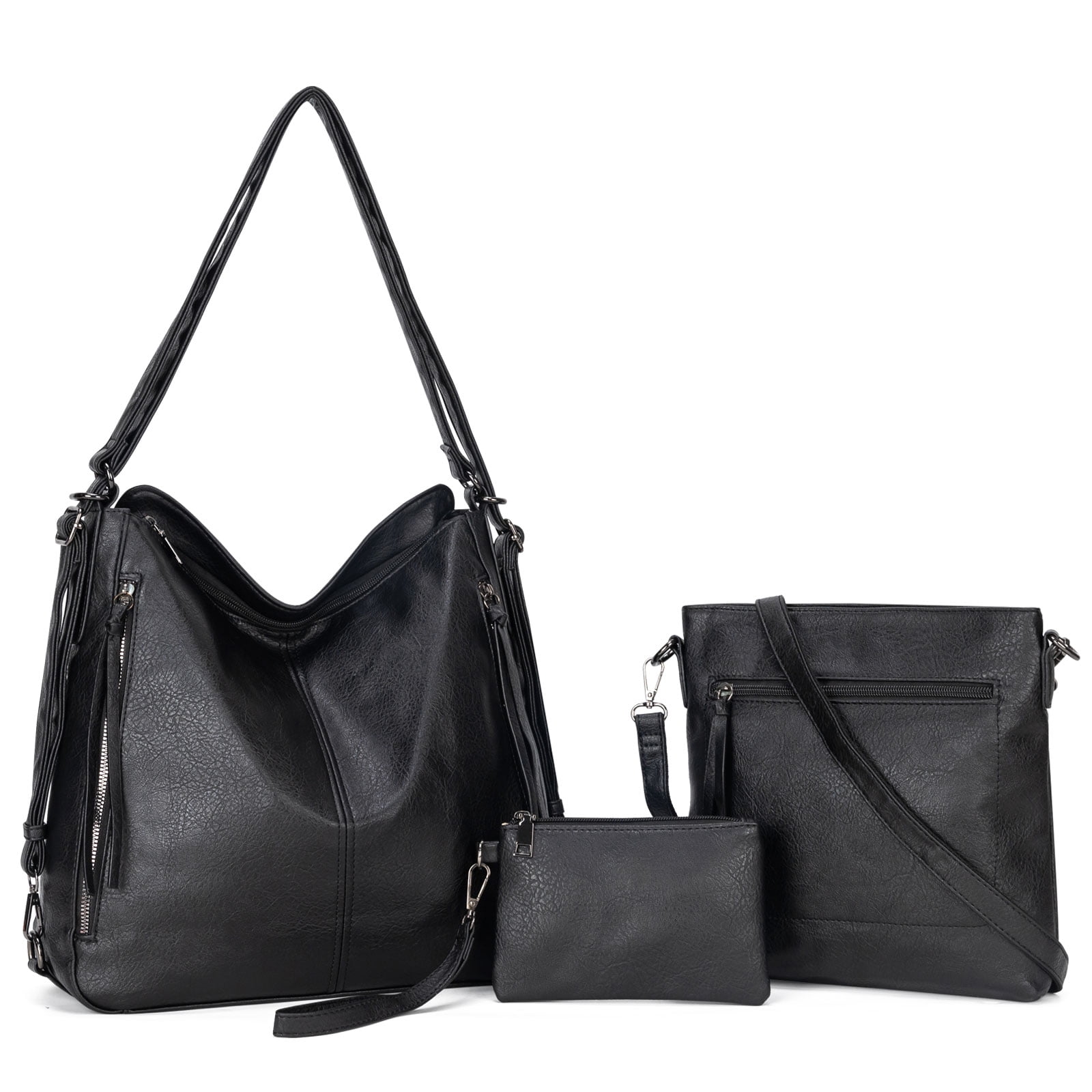 Kabaqoo Leather Shoulder Bag for Women, 3pcs Crossbody Purses Tote Satchel, black