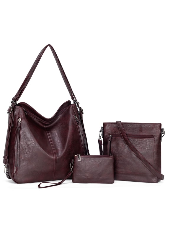 Leather Shoulder Bag for Women, 3pcs Crossbody Purses Tote Satchel, brown