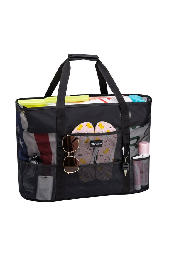 Mesh Beach Bag, Waterproof Sandproof Mesh Tote Bags for Picnic Travel Pool, Black