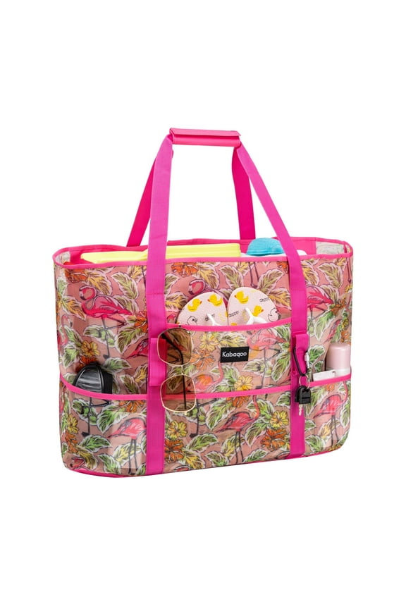 Mesh Beach Bag With Pockets & Zipper, Lightweight Shop Grocery Bag Flamingo