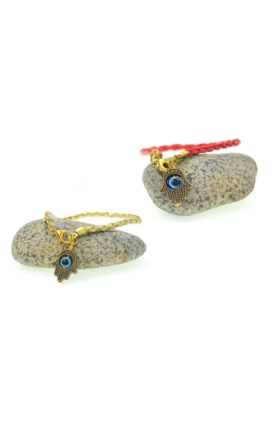 Red, Yellow, String Braided Bracelets - Rotating Evil Eye, Hamsa Hand Pendant, Goldtone, Protection Jewelry, Luck Charm, Antique Fashion, 2 Pieces