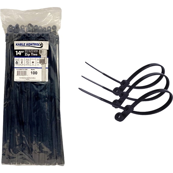 Kable Kontrol 14" Long Screw Mount Cable Ties - 120 Lb Tensile Strength - 100 Pack - UV Black - mht14-120-black