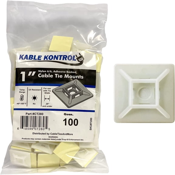 Kable Kontrol Adhesive Cable Tie Mounts - 1" Sq - Natural Nylon - 100 pcs