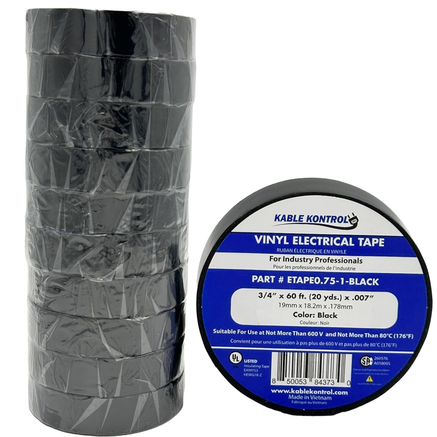 Kable Kontrol Black PVC Electrical Tape - 3/4" Wide x 60' Long - 10 pc