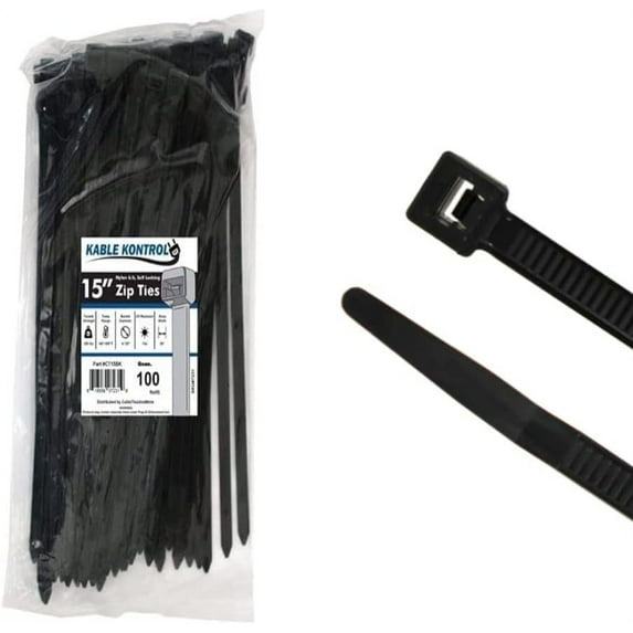 Kable Kontrol Black Zip Ties - 15" Inch Long Extra Heavy Duty - UV Resistant Nylon - 250 Lbs Tensile Strength - 100 pc Pack
