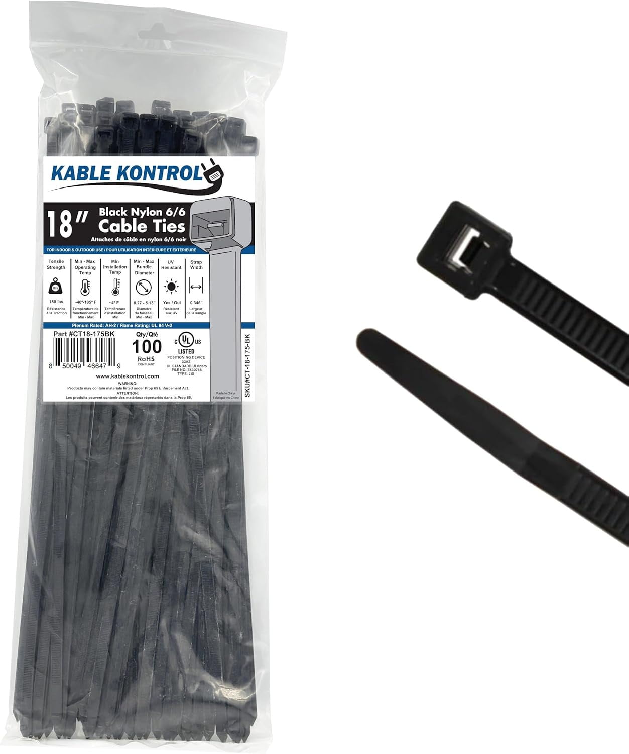 Kable Kontrol Black Zip Ties - 18" Inch Long Heavy Duty - UV Resistant - 175 Lbs Tensile Strength - 100 pc Pack