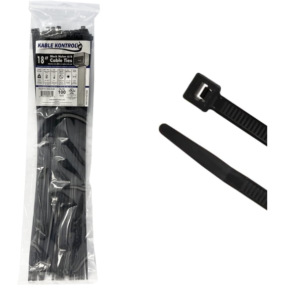 Kable Kontrol Black Zip Ties - 18" Inch Long Heavy Duty - UV Resistant - 50 Lbs Tensile Strength - 100 pc Pack