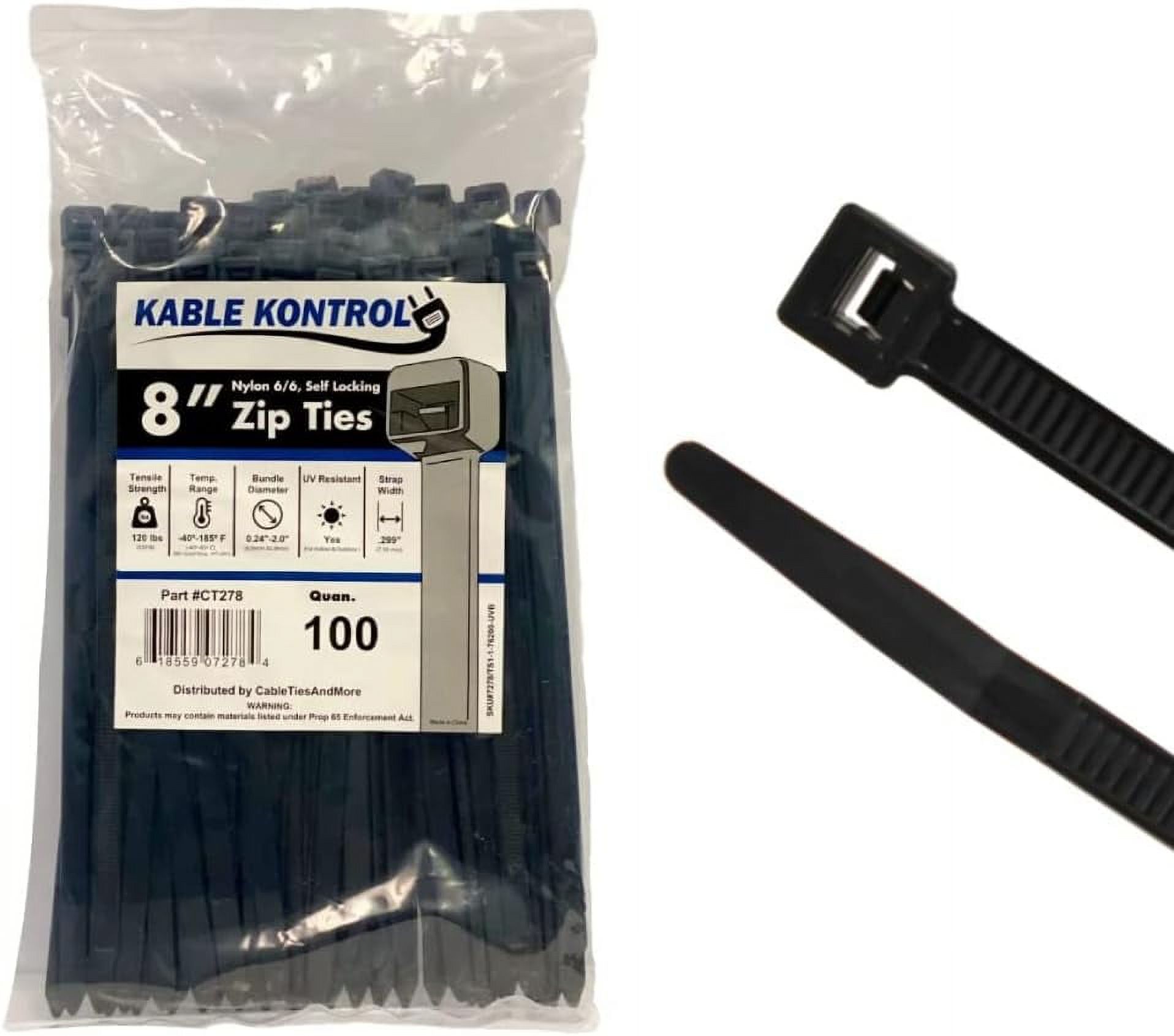 TR Industrial MultiPurpose UV Resistant Black Cable Ties, 8", 500pk